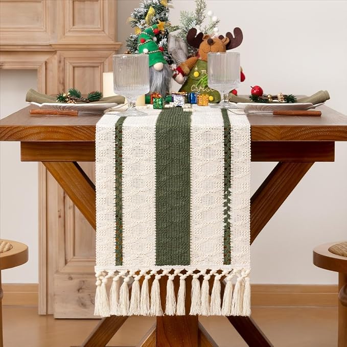 MLMW Boho Table Runner 60 inches Olive Green&Ivory Small Coffee Table Runner - Image 8