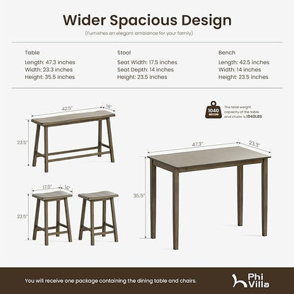 PHI VILLA Kitchen Table with Bench and Chairs, Counter Height Table and Chairs, Solid Wood Small Dining Table Set for 4, High Top Kitchen Table Chairs Set of 4, Smoky Brown