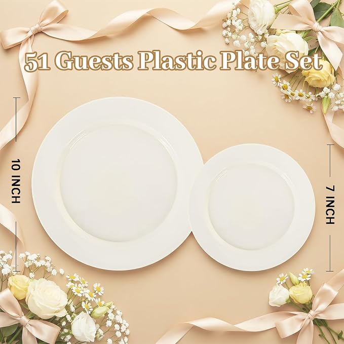 102 Pcs Ivory Plastic Plates, Disposable Party Plates Include 51 Ivory Dinner - Image 7