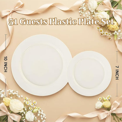 102 Pcs Ivory Plastic Plates, Disposable Party Plates Include 51 Ivory Dinner - Image 7