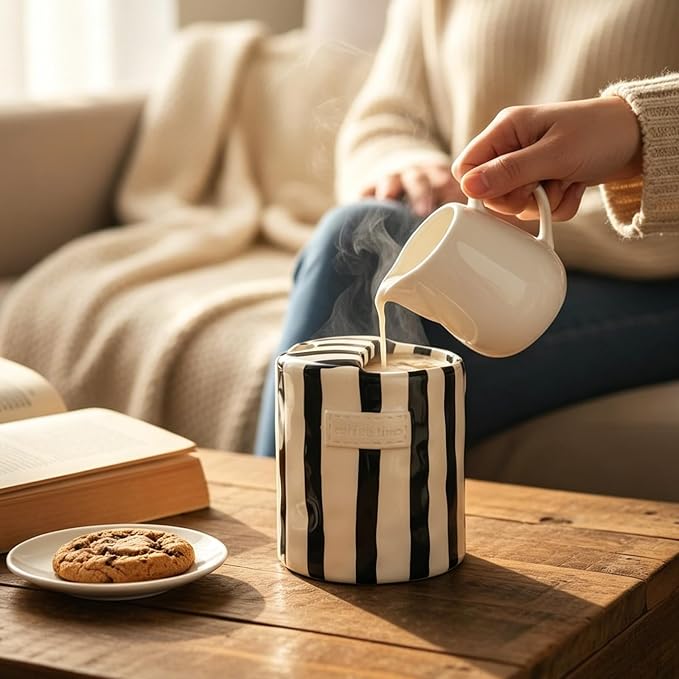 10oz Ceramic Coffee Mug with Sip Hole, Striped Espresso Cups - Image 8