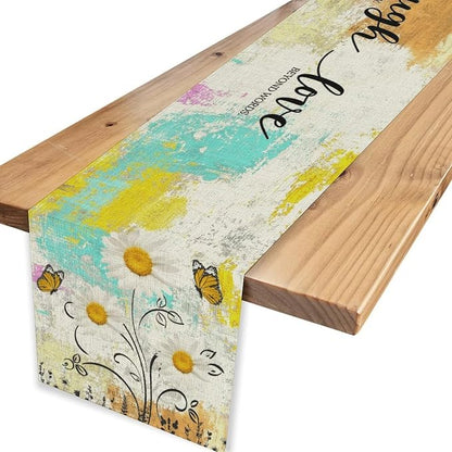 Daisy Floral Table Runner, Rustic Colorful Bright Spring Yellow Daisy Flower - Image 4