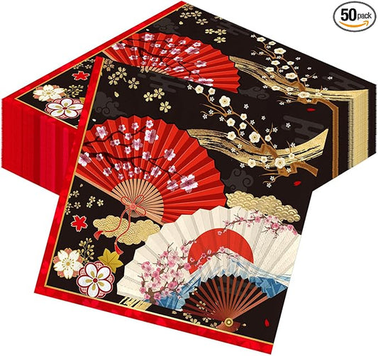 Japanese Hibachi Party Decorations, 50 Sheets Hibachi Party Napkins Supplies Disposable, Asian Japanese Style Paper Fans Paper Supplies Decor for Birthday Size 6.5 Inch