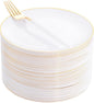 I00000 72PCS White Plastic Dessert Plates 7.5" with 72PCS Disposable Forks 8.5", Disposable White Dessert Plate, Fancy Salad Plates with Gold Rims Perfect for Wedding