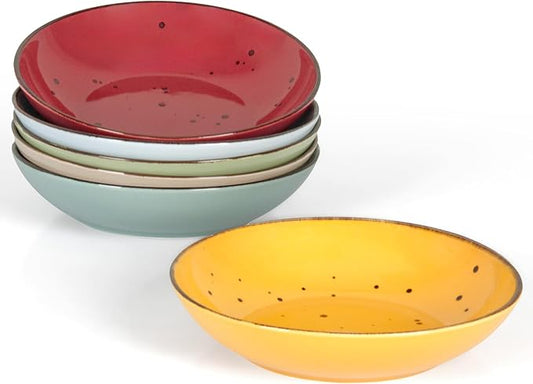 Esfour 7.95 Inch Porcelain Pasta Bowl, 23.6 Ounces Salad Bowls, Microwave & Dishwasher Safe, Sturdy & Stackable, Set of 6 Ceramic bowls Plates Set, Wide Shallow salad Bowls Set, Vivid Assorted Colors