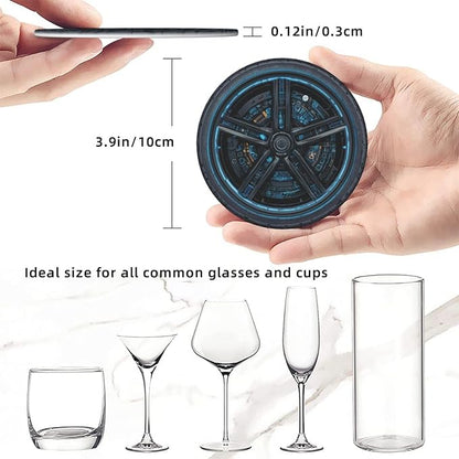 Tire Pattern Coasters for Drinks with Holder Round Leather Coasters Set of 6 Cups Mugs Mat Pad for Home Kitchen Bar
