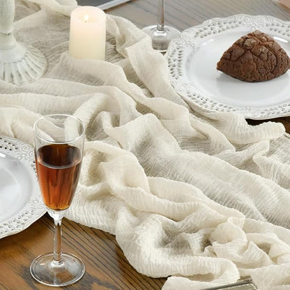 Artoid Mode Boho Cheesecloth Gauze Beige Wedding Table Runner, 160 Inch - Image 6