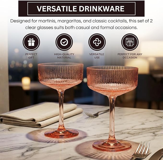 Khen Pink Peach Acrylic Ribbed Coupe Martini Champagne Cocktail Glasses - Image 4