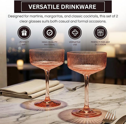 Khen Pink Peach Acrylic Ribbed Coupe Martini Champagne Cocktail Glasses - Image 4