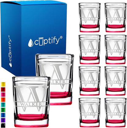 Personalized Square Shot Glasses Set of 10 Red Bottom 2oz Engraved Initial and Name Custom Gifts, Weddings, Birthdays, Party, Event, Decorations