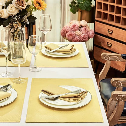 Place Mats Set of 8 – Rectangle Rectangular Waterproof Fabric Polyester Cloth Washable Wipeable Heat Resistant Placemats for Kitchen Dining Dinner Table Indoor 13 x 19 Inch Gold