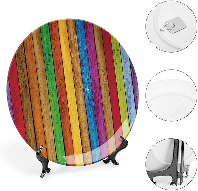 Decorative Plates, Abstract Print Ornament, Vibrant Wooden Artistic Cheerful Art Rainbow Image, 7 Inch, 1 Plate with 1 Display Stand, Multicolor