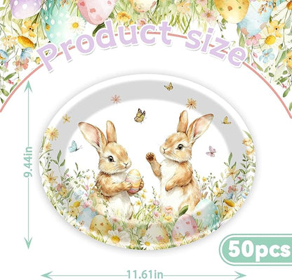 HAKOTI 50Pcs Easter Oval Paper Plates - Easter Decorations Bunny Oval Party Plates Spring Floral Rabbit Tableware Decoration for Birthday,Baby Shower,Spring Holiday Dinner Table Decor