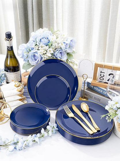 WDF 150pcs Blue plastic Plates - Navy Blue Plates Disposable - 25guest Disposable Dinnerware Sets for Hanukkah/Party/Wedding/Birthday