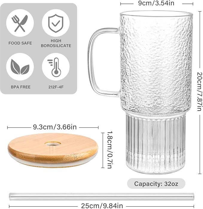 32 oz Glass Tumblers with Handle, Glass Cup with Bamboo Lid & Straw | Cup - Image 2