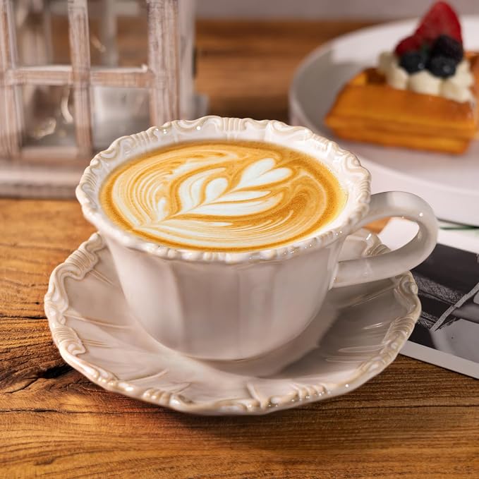 Ceramic Latte Cup with Saucer, 12 OZ Cappuccino Cup Vintage Cafe Art Cups - Image 2