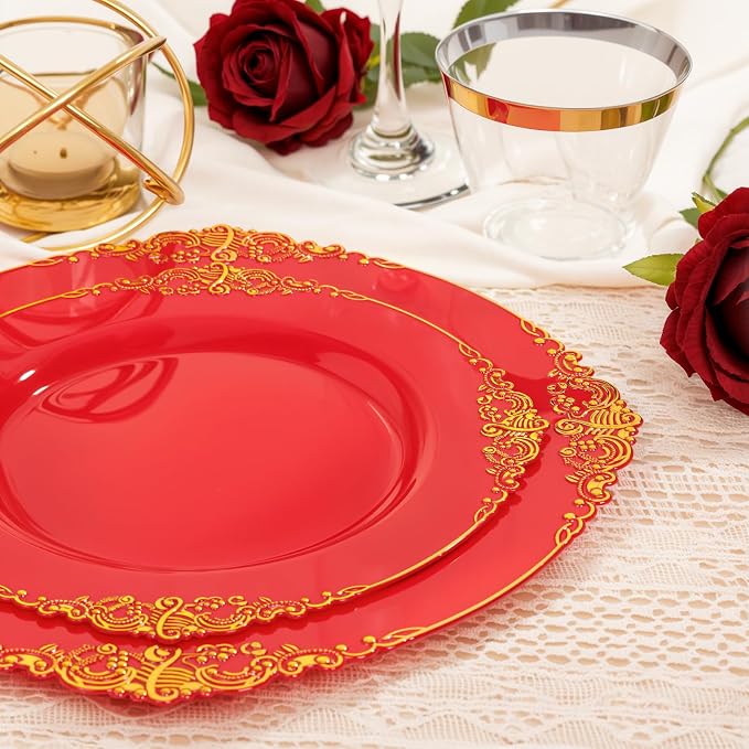 Nervure 100Pcs 7.5'' Red Plastic Plates, Disposable Plates - Image 2