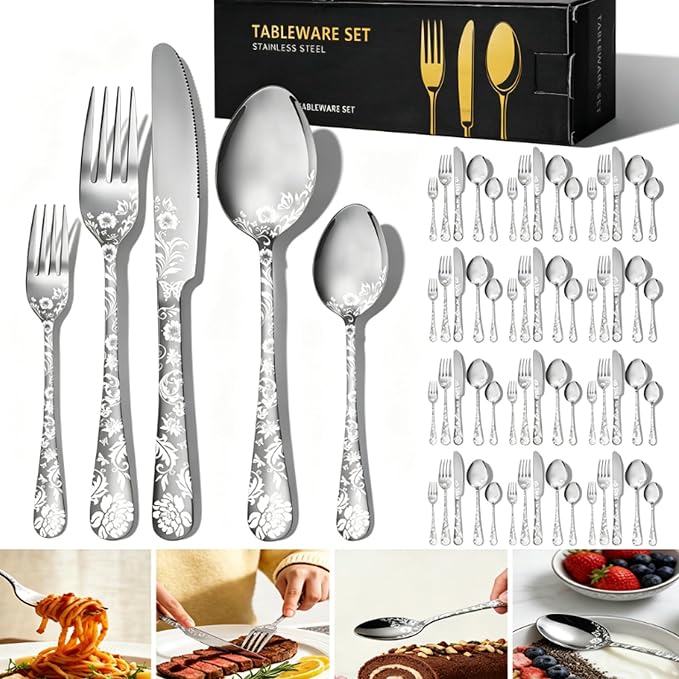 60 Piece Floral Silverware Set for 12 by TKSDWBLTY