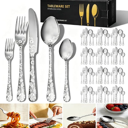 60 Piece Floral Silverware Set for 12 by TKSDWBLTY