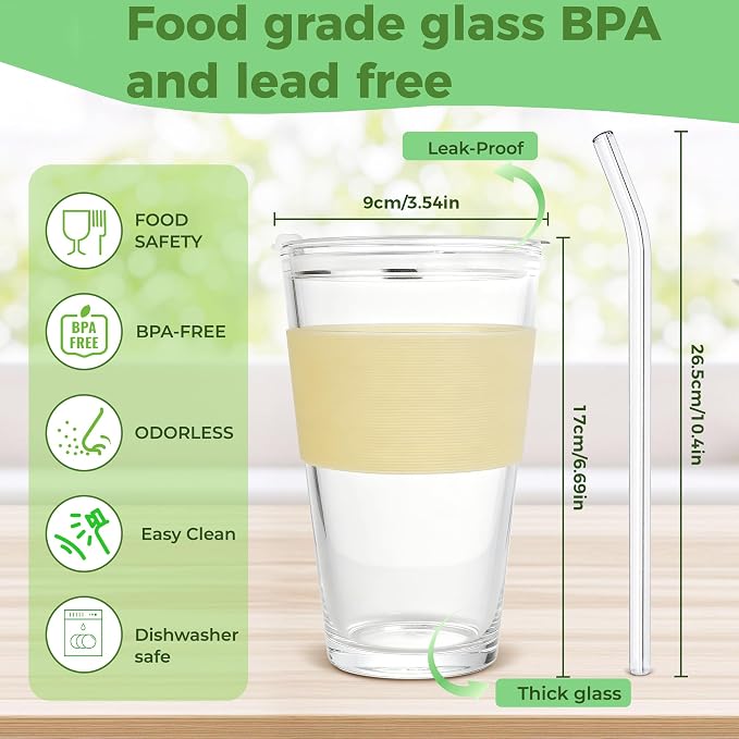 Birity 16oz Glass Cup with Lid and Glass Straw, Reusable Iced Coffee Cups - Image 6