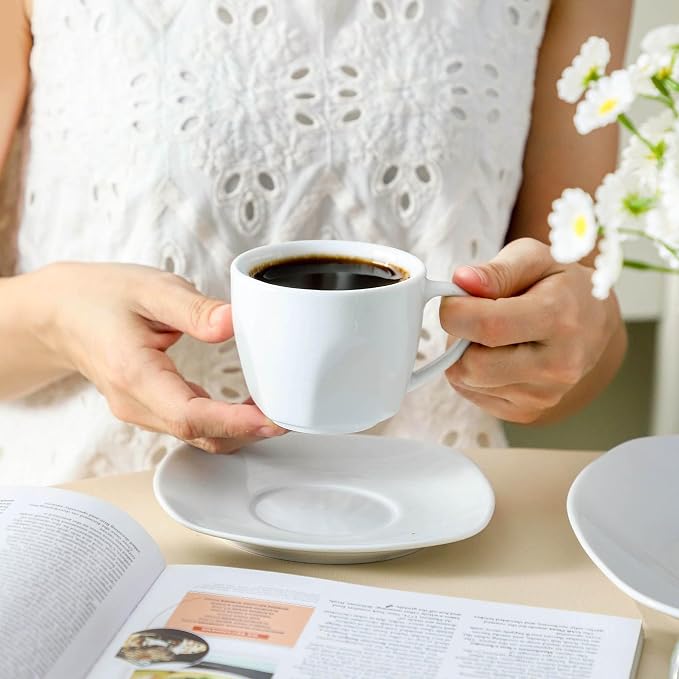 6.5 Ounce Porcelain Espresso Cups and Saucers Set of 6, Ceramic Cappuccino - Image 3