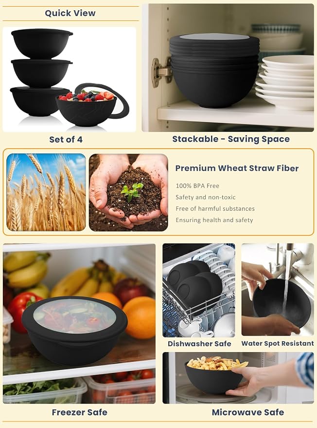 Wheat Straw Bowls with Lids, Unbreakable 40 OZ Salad Container - Image 5