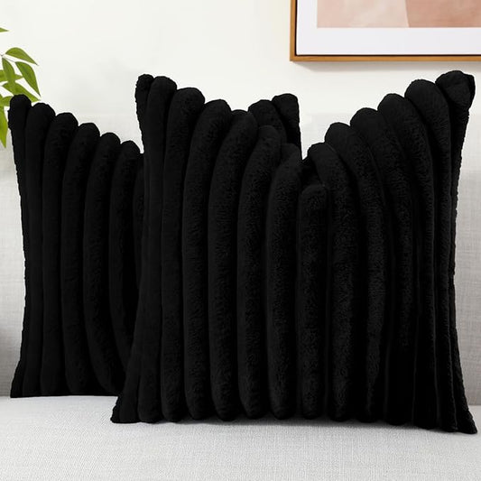 decorUhome Cozy Faux Fur Spring Throw Pillow Covers 18x18 Set of 2 Decorative Soft Plush Striped Modern Farmhouse Boho Couch Pillow Cases with Velvet Back for Sofa Bed Living Room, Black