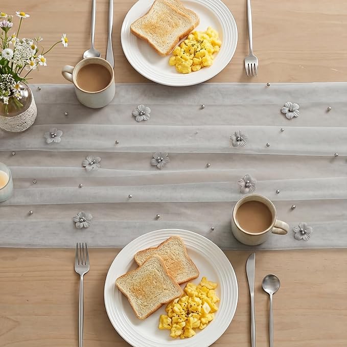 Artoid Mode Gray Flower Pearl Gray Gauze Table Runner 10FT, Seasonal Sheer - Image 4