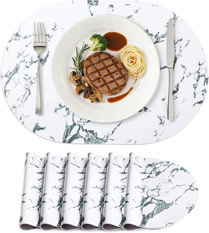 Placemats Set of 6, 11.8 x 17 Inch, Marble | Heat Resistant Oval Faux Leather by homing