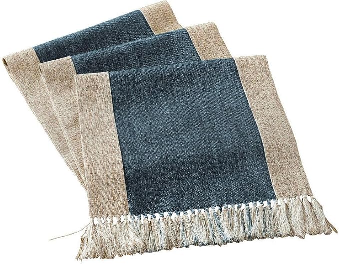 Farmhouse Blue Faux Linen Heavy Dining Table Runner 15 x 71 Inch | Boho Rustic by HomeyHo
