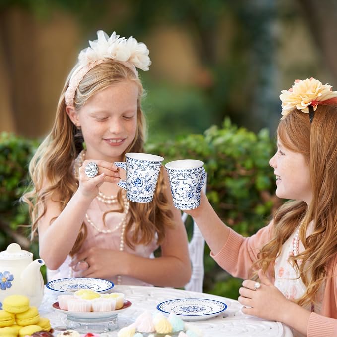 Whaline 80Pcs Blue White Floral Paper Tea Cups and Saucers Porcelain - Image 5