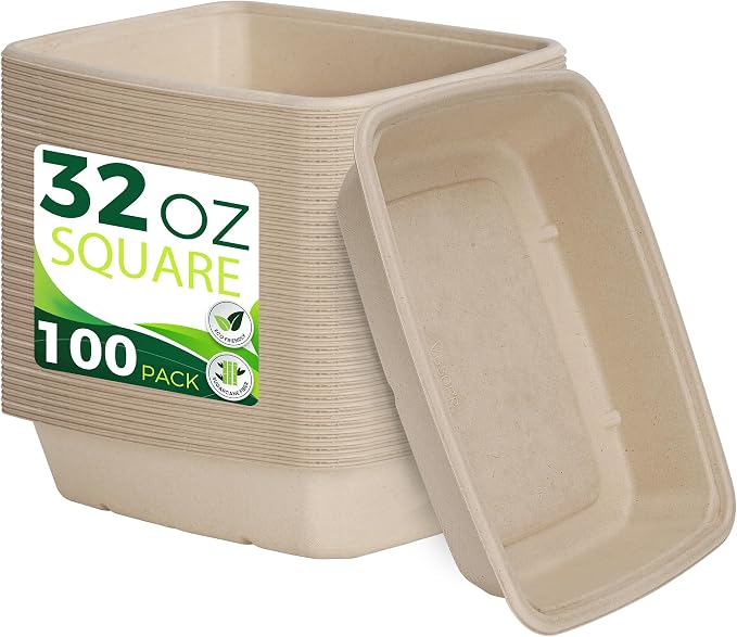 32oz Large Rectangle Paper Bowls, Heavy Duty Disposable Bowls Perfect by Birchio