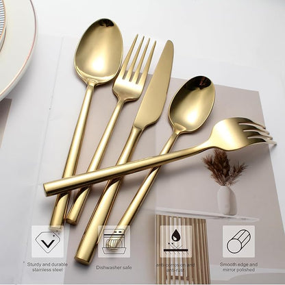 Gold Silverware Set, 20-Piece Flatware Cutlery Set Service for 4, Heavy Duty Titanium Coating Modern Design, 18/0 Stainless Steel Utensils, Dishwasher Safe