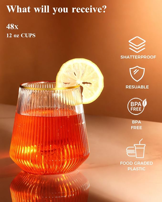 BESTSTAR 96 Pack Gold Rim Plastic Ribbed Origami Ripple Plastic Glasses Set | - Image 6