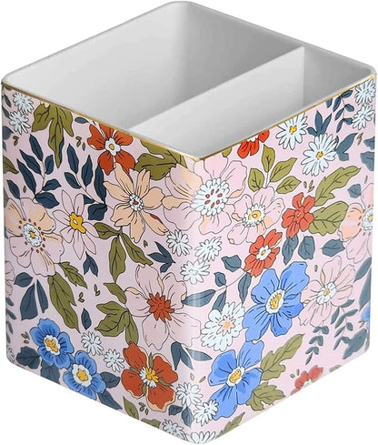 Pen Pencil Holder, Makeup Brush Holder,Ceramic Remote Control Holders Organizer with 2 Compartment Floral Multi-functional Office Organizers Storage Caddy Desk Tv Remote Holders Pink Flowers