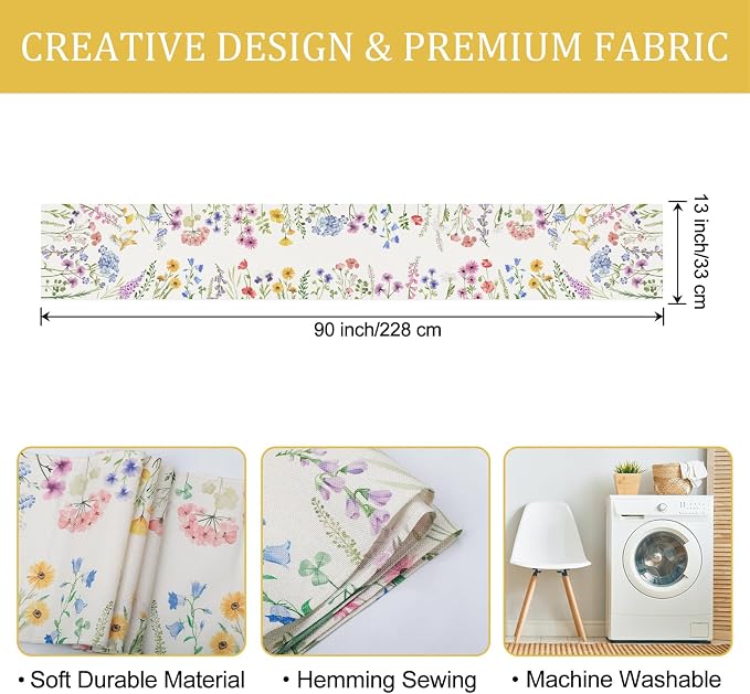 Bonhause Spring Floral Table Runner 13x90 Inch Garden Flowers Birds Leaves - Image 6