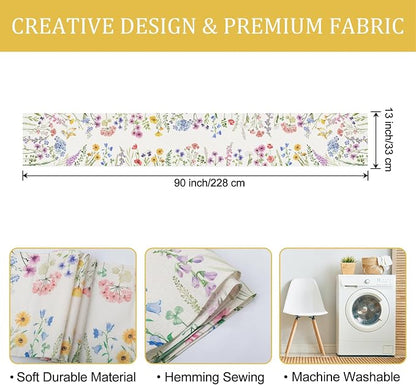 Bonhause Spring Floral Table Runner 13x90 Inch Garden Flowers Birds Leaves - Image 6