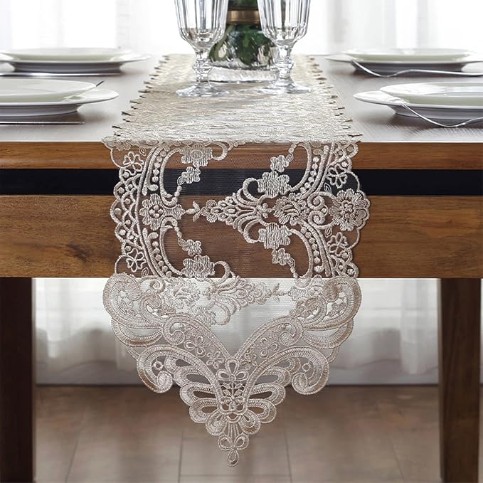 Lace Table Runner Dresser Scarf, Macrame Floral Embroidered Vintage Exquisite by Jeloris