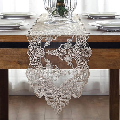 Lace Table Runner Dresser Scarf, Macrame Floral Embroidered Vintage Exquisite by Jeloris