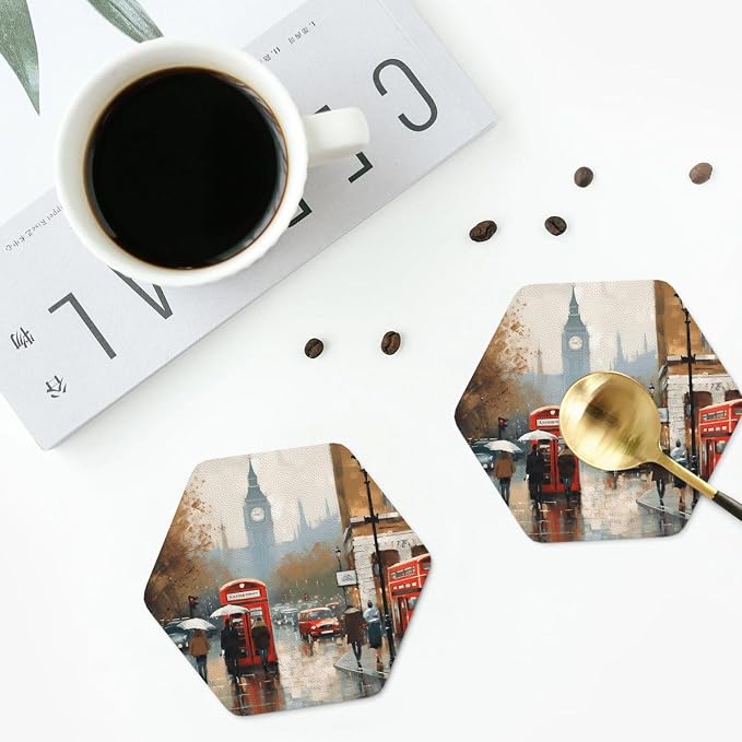 4Pcs Leather Coaster for Drinks London Impression Cup Coasters Aesthetic Drink - Image 8