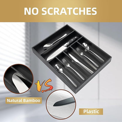 Silverware Organizer Kitchen Drawer Organizer Utensil Organizer Bamboo Silverware Holder Cutlery Organizer in Drawer Flatware Organizer Tray(7 slots, Black