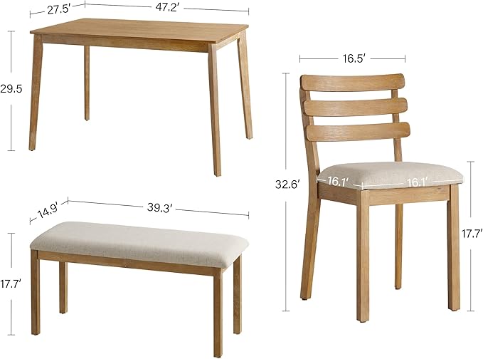 Farmhouse Dining Table Set for 4, Wooden Dining Roon Table and Solid Wood Chairs, 5-Piece Modern Dining Set Home, Kitchen, Dining Room, 4 Upholstered Chairs, Rubberwood Legs