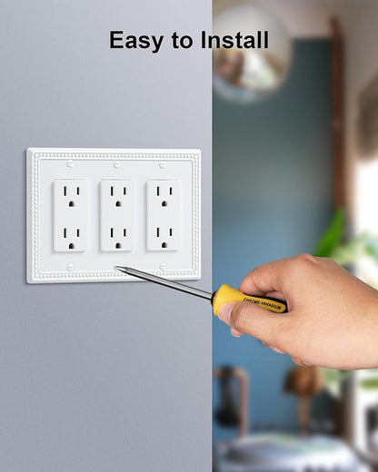 2-Pack Triple Decorator Outlet Cover Plate, Pure White Pearls Decorative Switch Plates and Outlet Covers, Metal Wall Plates for Electrical Outlets