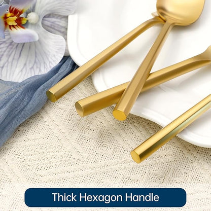 Silverware Set 60-Piece Stainless Steel Matte Gold Cutlery, Hand Forged Thick Hexagon Handle Flatware Sets, Service for 12