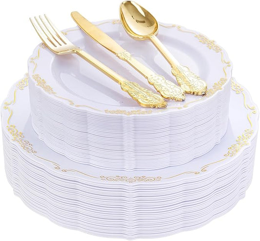 DaYammi 150Pcs White Gold Plastic Plates & Plastic Silverware, Gold Disposable Plates for Party Include 30 Dinner Plate, 30 Dessert Plate, 30 Knives, 30 Forks, 30 Spoons for Party Wedding