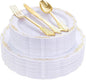 DaYammi 150Pcs White Gold Plastic Plates & Plastic Silverware, Gold Disposable Plates for Party Include 30 Dinner Plate, 30 Dessert Plate, 30 Knives, 30 Forks, 30 Spoons for Party Wedding
