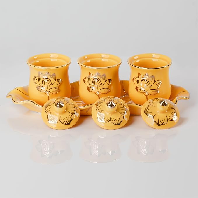 QINLANG Yellow Buddhist 3 Altar Cups Set, Buddha Water Cup Set of 3, Ceramic - Image 4