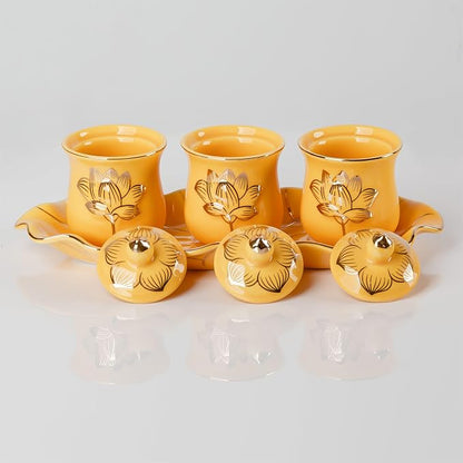QINLANG Yellow Buddhist 3 Altar Cups Set, Buddha Water Cup Set of 3, Ceramic - Image 4