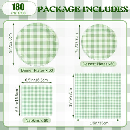180Pcs Green Gingham Party Supplies Paper Plates and Napkins Serve 60 | - Image 2