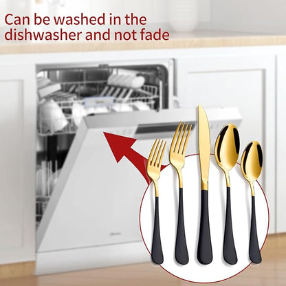 20-Piece Gold Silverware Set 18/0 Stainless Steel Flatware Black Handle Cutlery Set Service for 4 Dinner Knives Forks Spoons Set Mirror Finish Dishwasher Safe